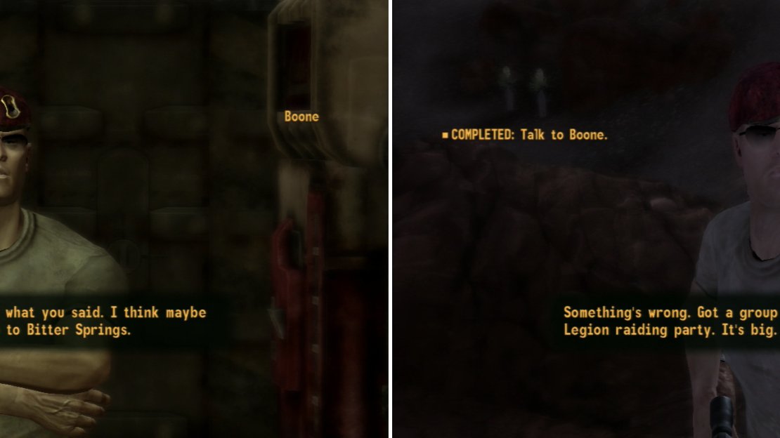 Once you’ve earned enough trust with Boone, he’ll finally open up about his past (left). Take him back to Bitter Springs, where he’ll become fatalistic in the face of a Legion attack (right).