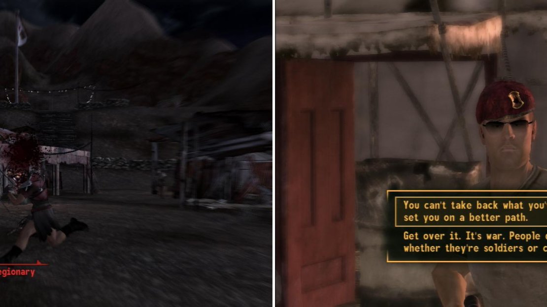 Kill the Legionaries invading Bitter Springs (left) then comment on Boone’s karma to influence his attitude for the rest of the game… and beyond (right).