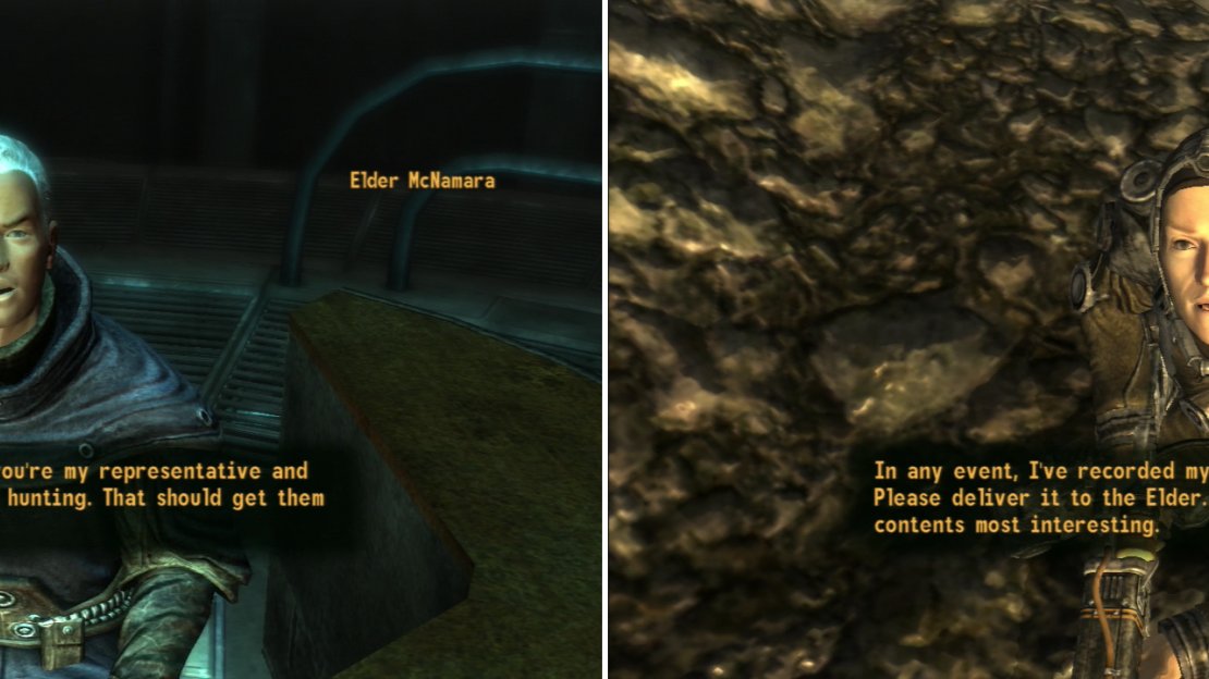 Report back to Elder McNamara after finding the missing Brotherhood patrols (left) then gather intel from his scouts out in the Mojave (right).