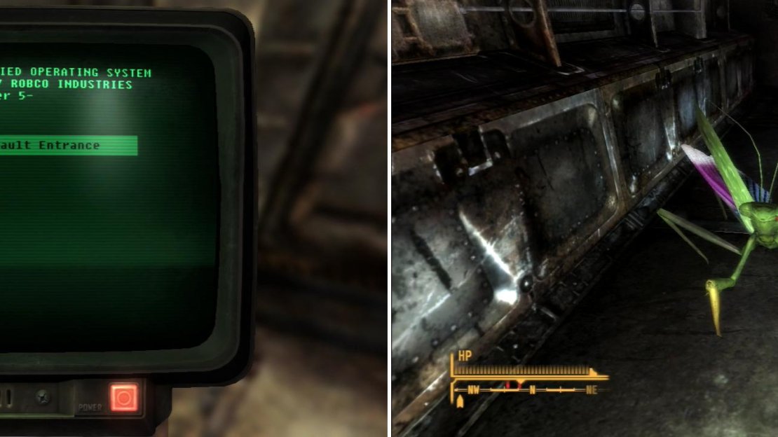 Search near the entrance of Vault 11 to discover an ominous recording (left). Obviously devoid of human life, Vault 11 has become the home of Giant Mantises and Giant Rats (right).