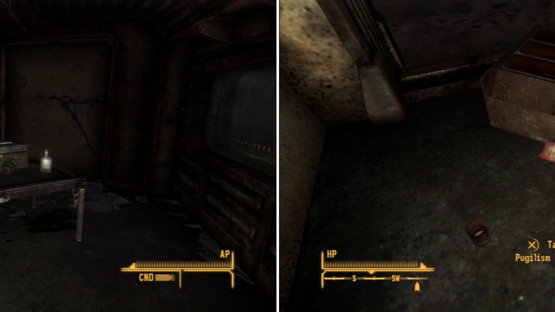 Beyond a locked door you can find a cache of loot, including a Mini Nuke (left). On the floor of one of the living quarters you’ll find a copy of Pugilism Illustrated (right).