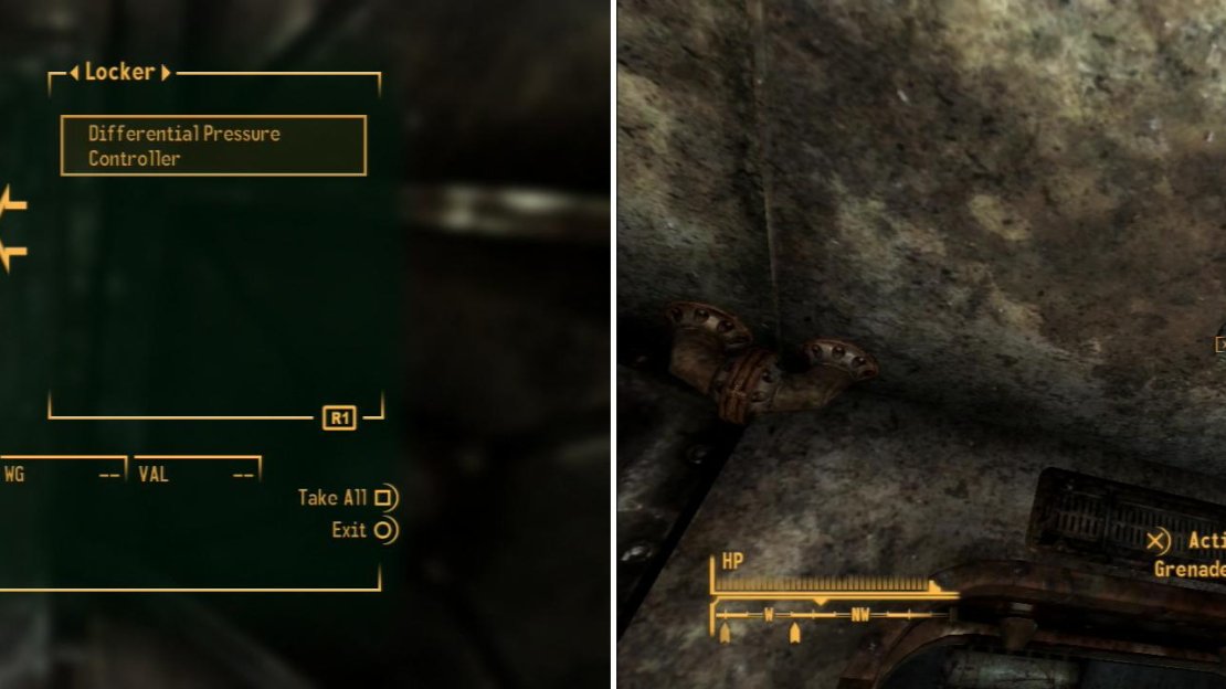 Find the Differential Pressure Controller in a submerged locker (left). Bugs aren’t the only threat left in this vault; remnants of the civil strife like this Grenade Bouquet remain behind (right).
