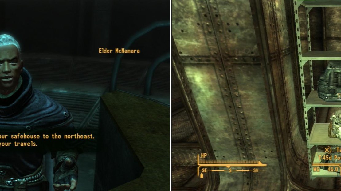 After you join the Brotherhood, talk to the Elder to get the Safehouse Key (left). Inside you’ll find a wealth of Power Armor and heavy weapons (right).