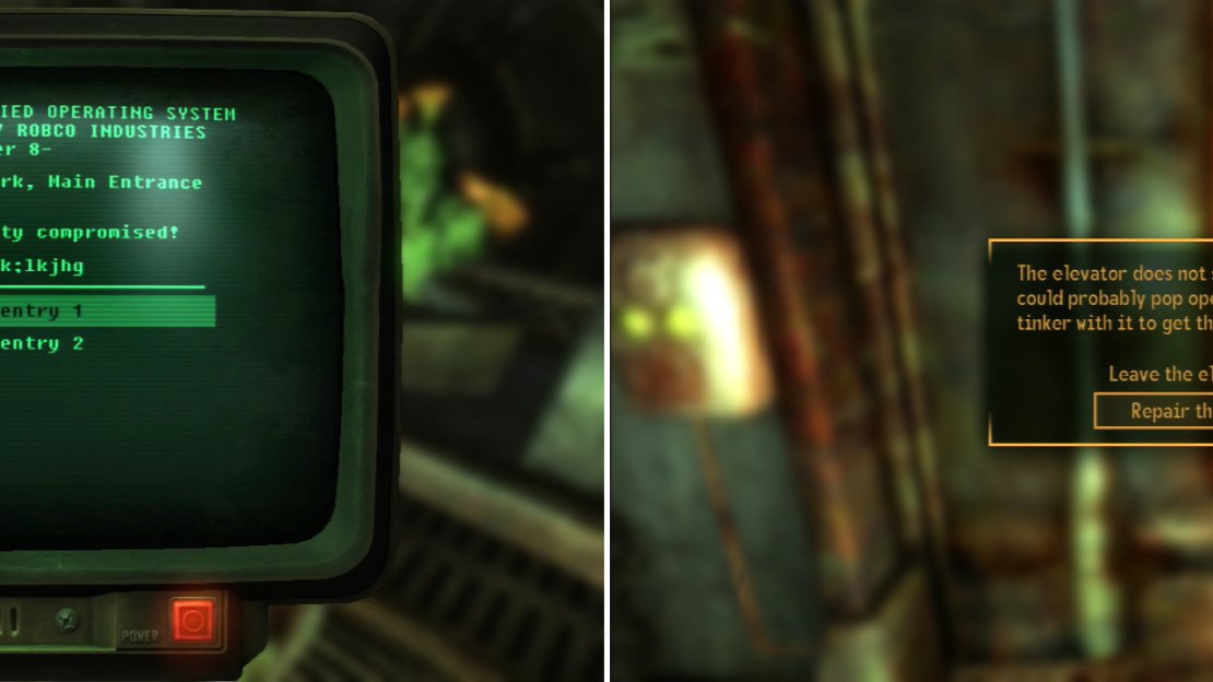 Search various terminals to find some of Keely’s journal entries (left). If you repair the elevator, you’ll save yourself a good bit of time (right).