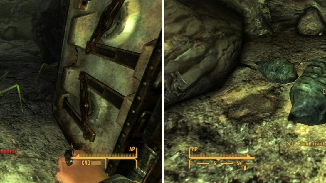 Beyond the door leading to the caves you’ll find Giant Mantises (left). Kill them all and harvest their eggs to appease Red Lucy (right).