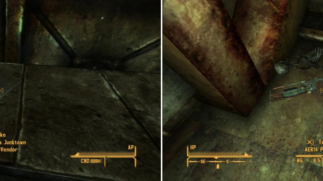Grab a copy of Tales of a Junktown Jerky Vendor from a counter (left). The unique Laser Rifle - AER14 Prototype - can be found at the foot of an isolated staircase (right).