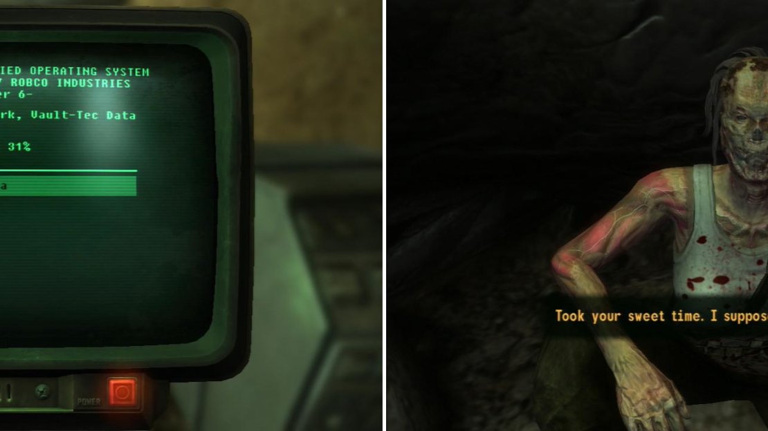 When you find the mainframe, download the data onto your Pip-Boy (left). After you clear a Spore Plant-infested cavern, you’ll find Keely (right).