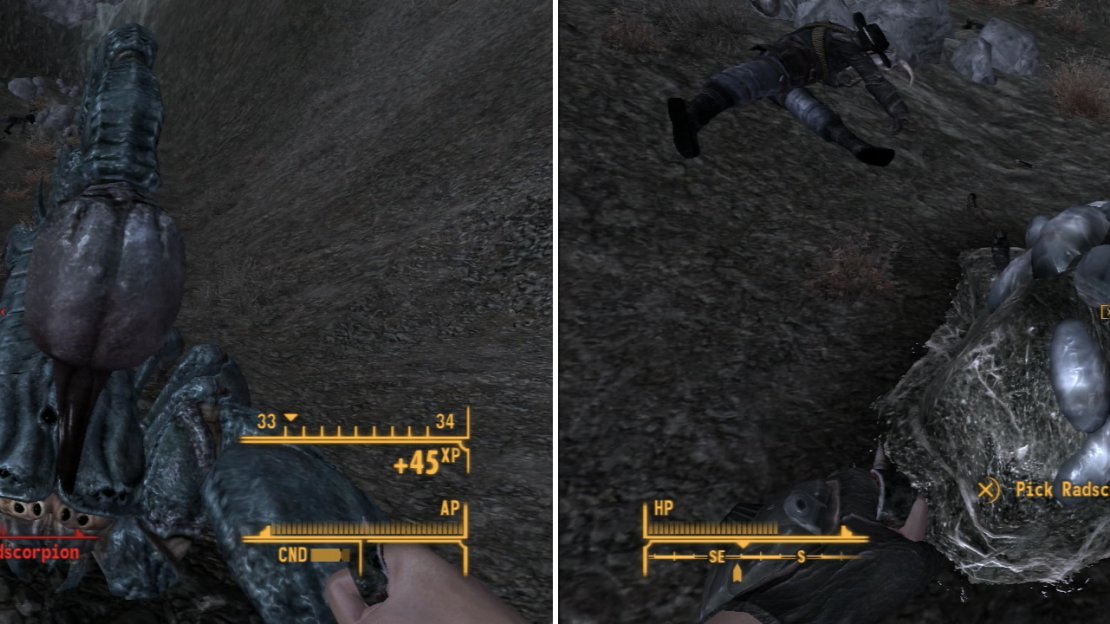Fight your way through a nest of Giant Radscorpions (left) and steal their tasty eggs for Red Lucy (right).