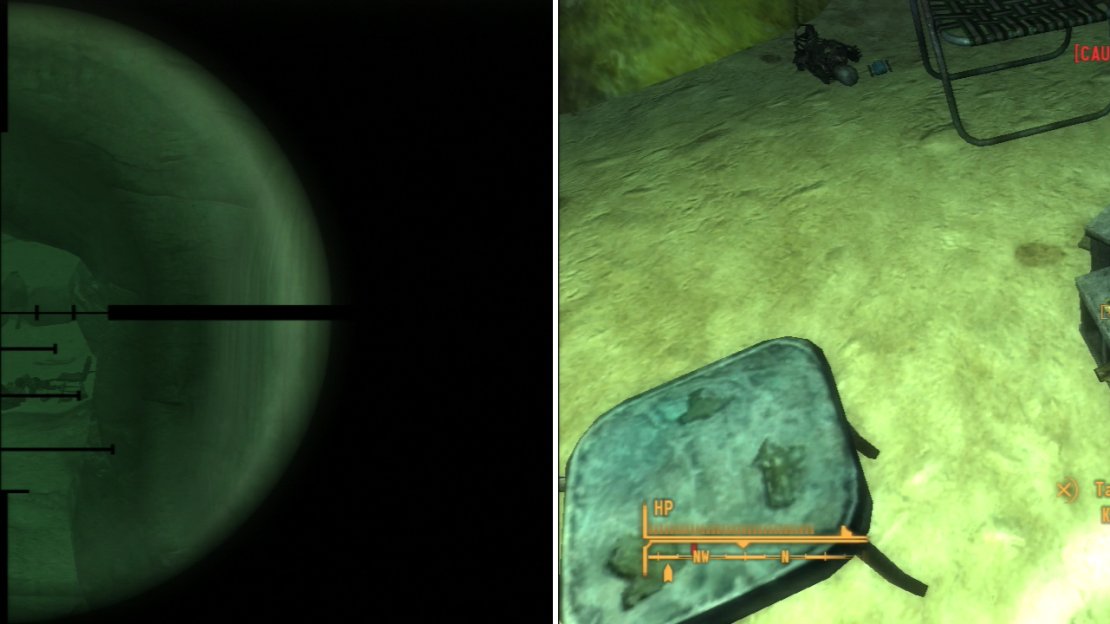 From an elevated vantage point you can snipe many of the Nightstalkers dwelling in Bloodborne Cave (left). Grab the Worn Key from near the campfire to bypass a difficult lock (right).