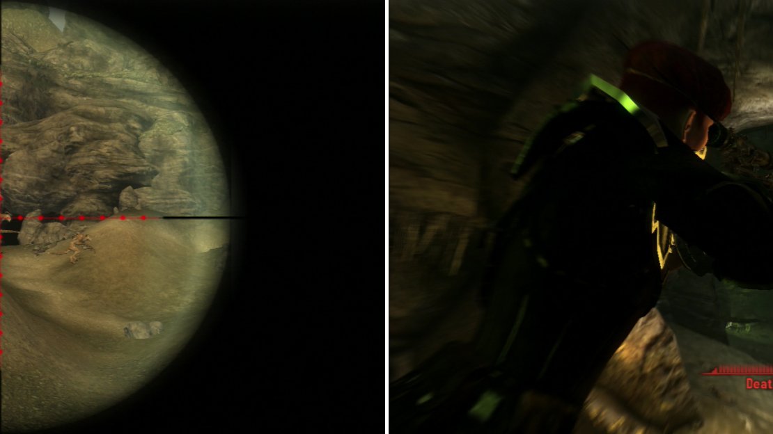 You can get a distant vantage from which you can pick off the Deathclaws outside of Dead Wind Cavern (left). The confines of the caverns ensure that closer encounters are bound to occur (right).