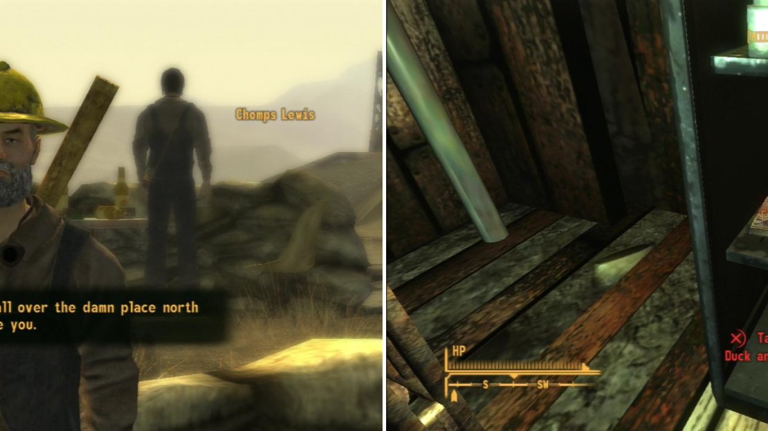 Chomps Lewis will warn you of the dangers in the quarry ahead (left). Be sure to loot the Worker Barracks for a copy of Deans Electronics and Duck and Cover! (right).