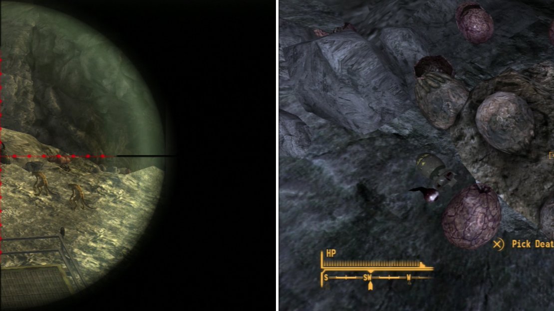 Range again is your greatest weapon… well, your greatest weapon not named “Gobi” (left). Kill the Deathclaws at Quarry Junction and search their cave for some prized Deathclaw Eggs (right).