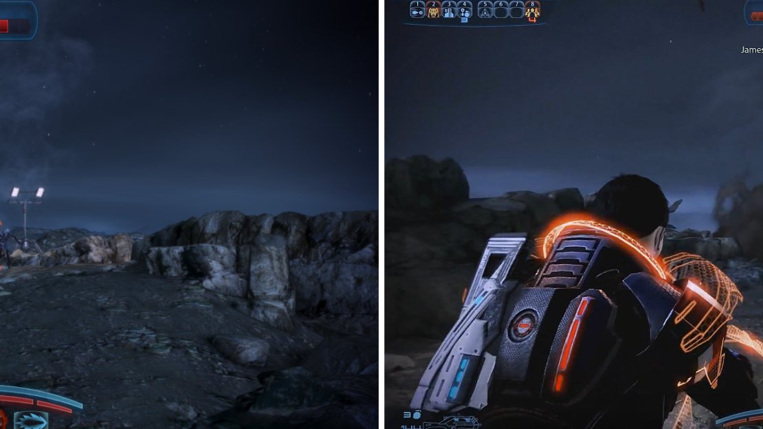 If using an Assault Rifle, keep the bursts short for maximum accuracy (left). At the tower, make sure to send Liara up and keep James back for max firepower (right).