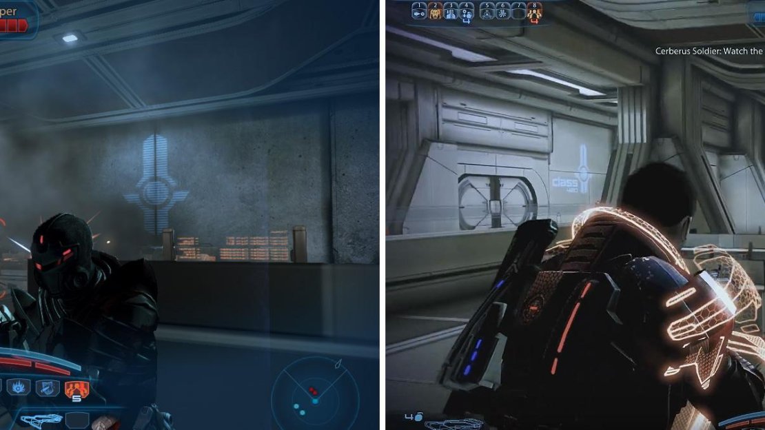 Upgraded rifle scopes can help you see through smoke grenades (left). Watch out for barrier generators (right) which can be destroyed.