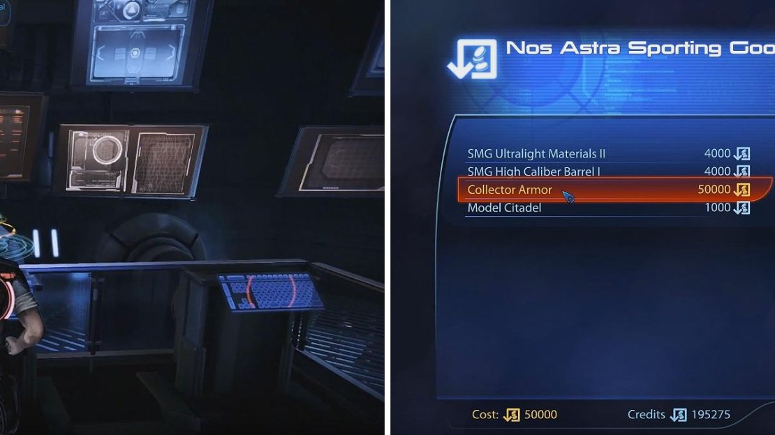 Visit the Spectre office to pick up new quests (left). You can visit the various Kiosks around to buy some fancy armor (right).