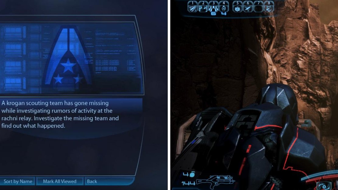 Look for this mission in your log (left) and then travel to the Attican Traverse. The golden skies are hiding a dark and dangerous secret (right).