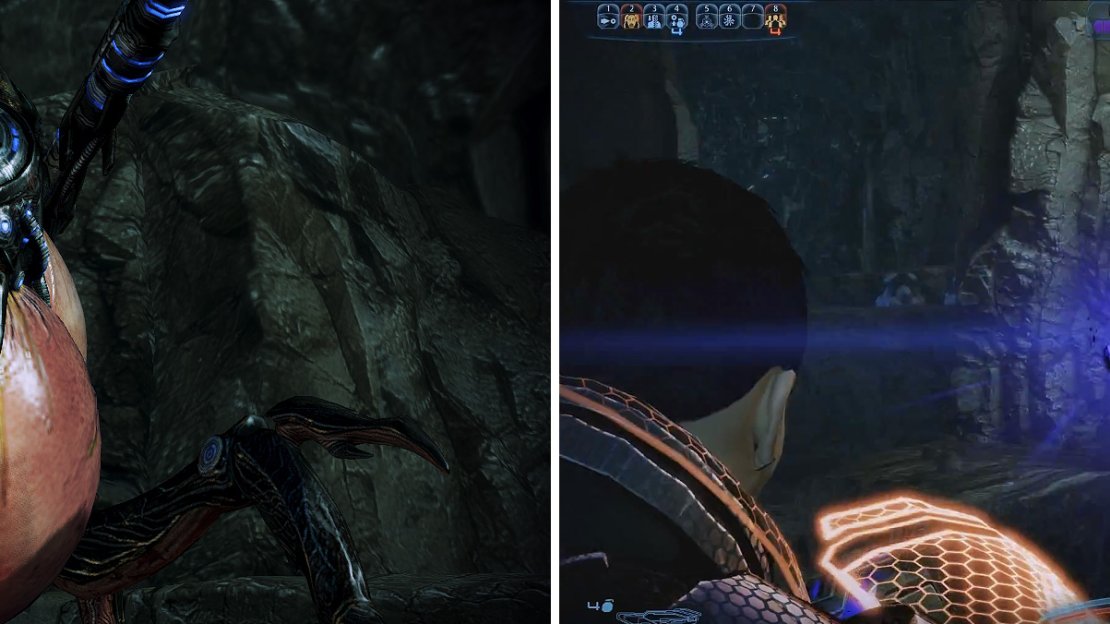 Ravagers shoot powerful lasers from their eye which will decimate shields in a hit or two (left). Look out for Barrier Nodes (right) and remove them quickly.