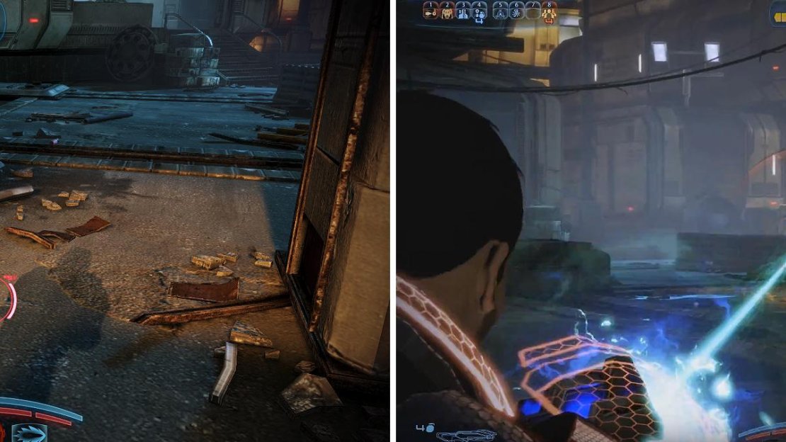 Dog Tags are needed for a Citadel side mission so remember to collect the one found here (left). Look out for troops hiding in buildings and jetting in from the sky (right).