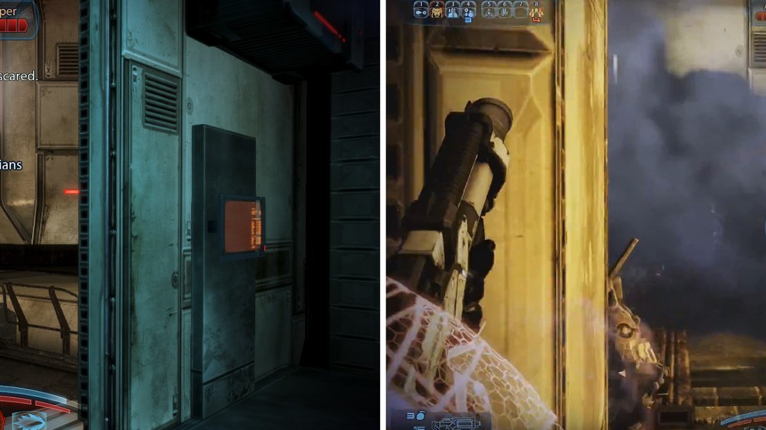 You must protect the civilians from Cerberus attacks. Watch both flanks until the civilians say they will move location (left). You will be surrounded soon enough (right) so stay in cover.