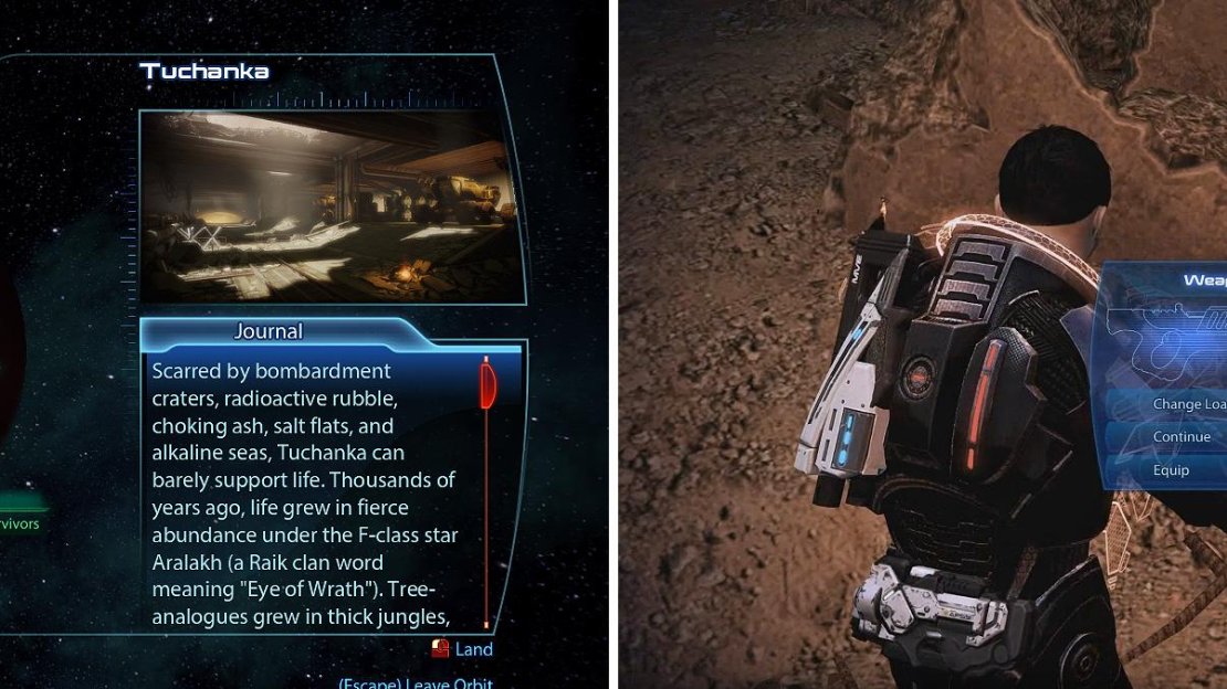 Tuchanka plays host to the most missions on any planet in Mass Effect 3 (left). You can find a couple of new weapons during this mission (right).