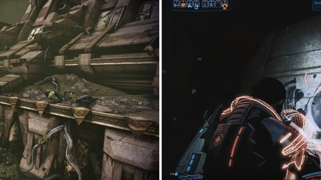 Tuchanka is a dying world filled with hostility. The perfect place for the Krogan (left). Beneath Tuchanka are catacombs filled with ancient Krogan murals (right).