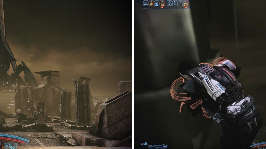 The Reapers stand menacing above the skies of Tuchanka, sending wave upon wave of troops to the Krogan homeworld (left). The Reaper guarding the Hammers can and will step on you (right) for serious damage.