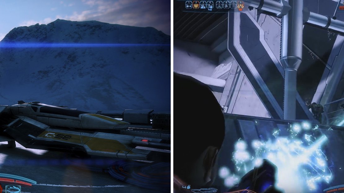 The landing pad will be filled with Cerberus troops as soon as you set foot on the base. Look on top of walkways as well (right).