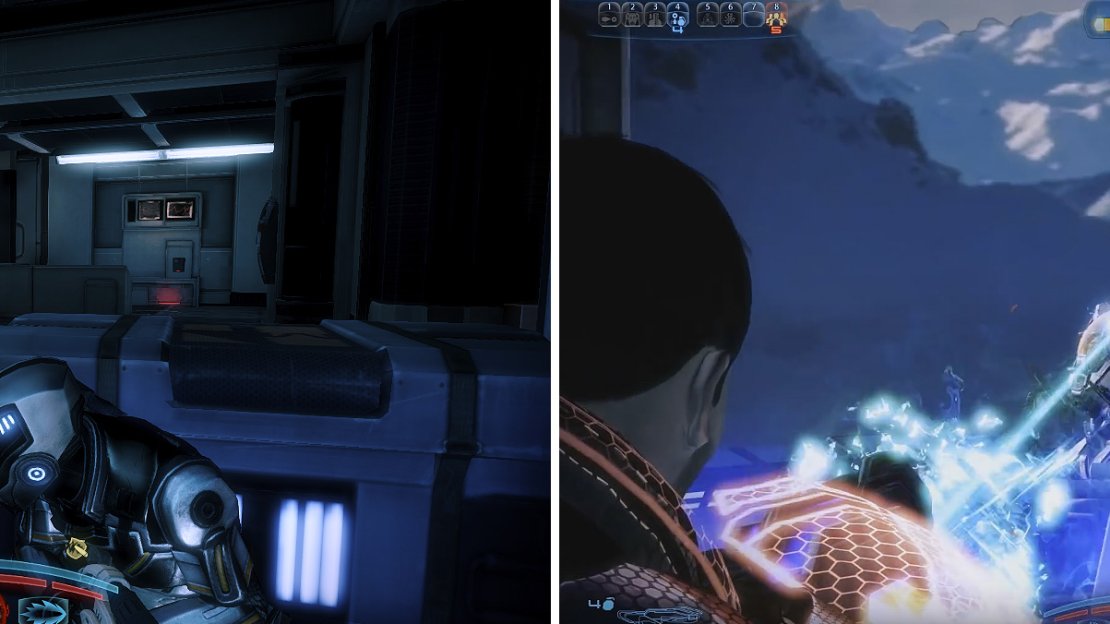 Fight the hordes of Cerberus troops that storm the room from all sides (left) then make your way to the landing pad and beware of the Atlas (right) coming your way.