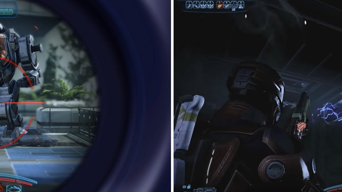 Take cover in the shop doorway and use your sniper rifle (left) to hit the Atlas. Later, shoot the power cells (right) underneath the elevator.