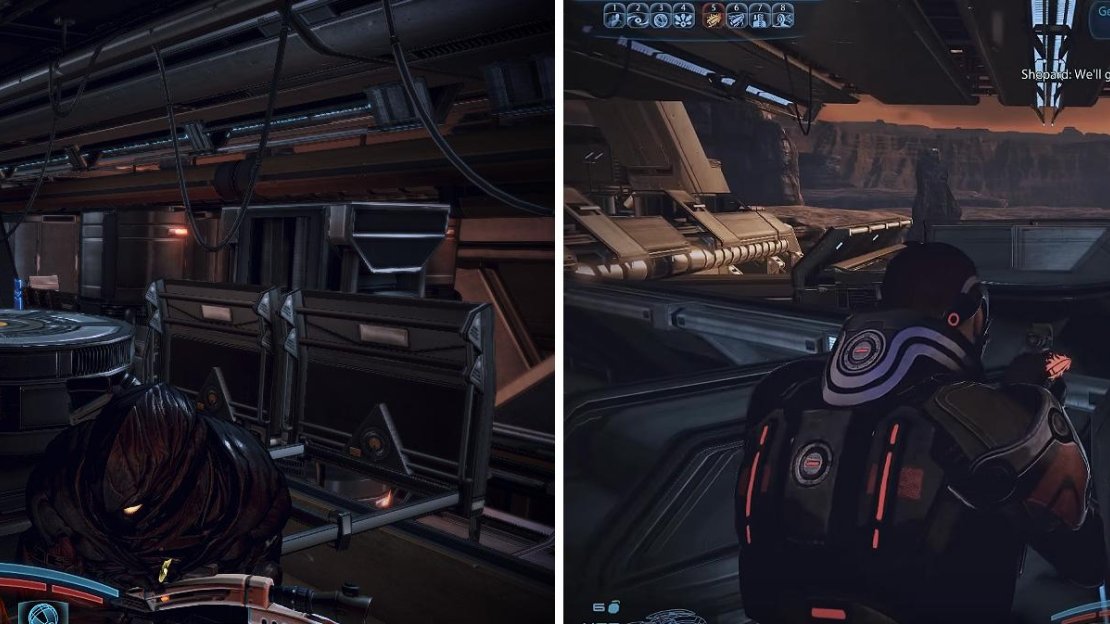 Watch out for the Geth on the lower walkway (left). Collect the Geth Plasma Shotgun (right) on top of this crate.