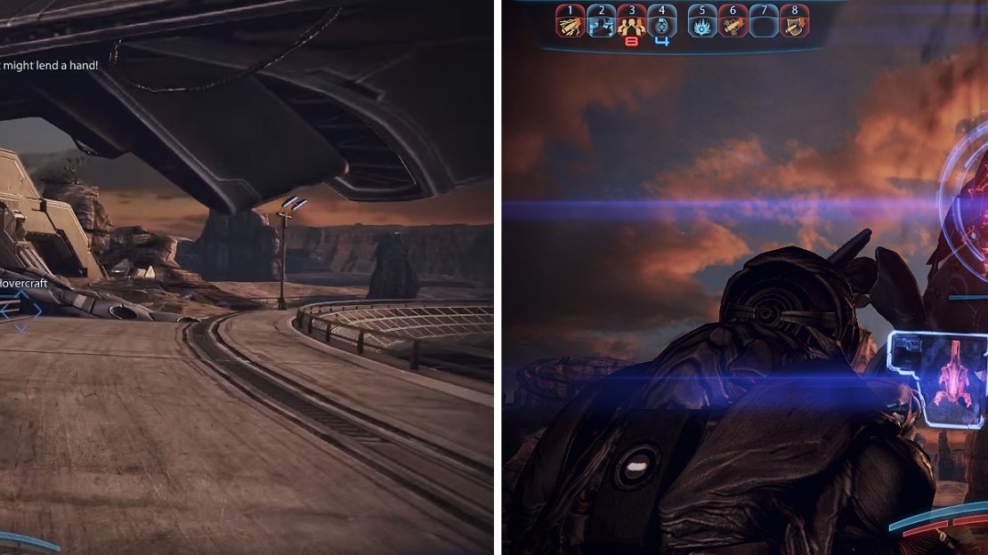 Run to the hovercraft when the Reaper appears (left). Later, dodging the laser beam can be tricky on harder difficulties so try dodging right at the last second before it hits you (right).