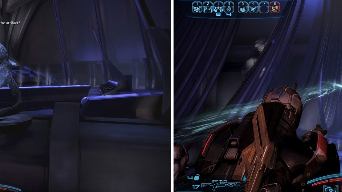 The Prothean bust (left) is one of the connections. Activating the beacon (right) triggers a cutscene and a battle against a persistent adversary.
