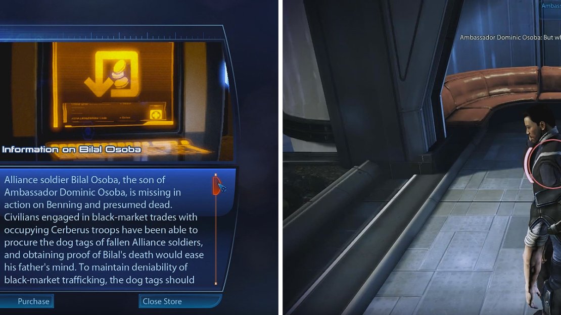 You can purchase information on the ambassador’s son at the Spectre terminal (left). When you’ve acquired the tags, give them to the ambassador (right).