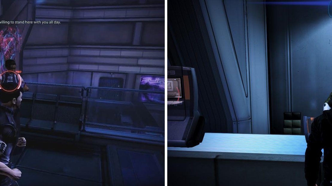 Speak to Alison to after getting the power grid components during the N7: Cerberus Attack mission (left). The information broker Barla Von has a mission for you (right).