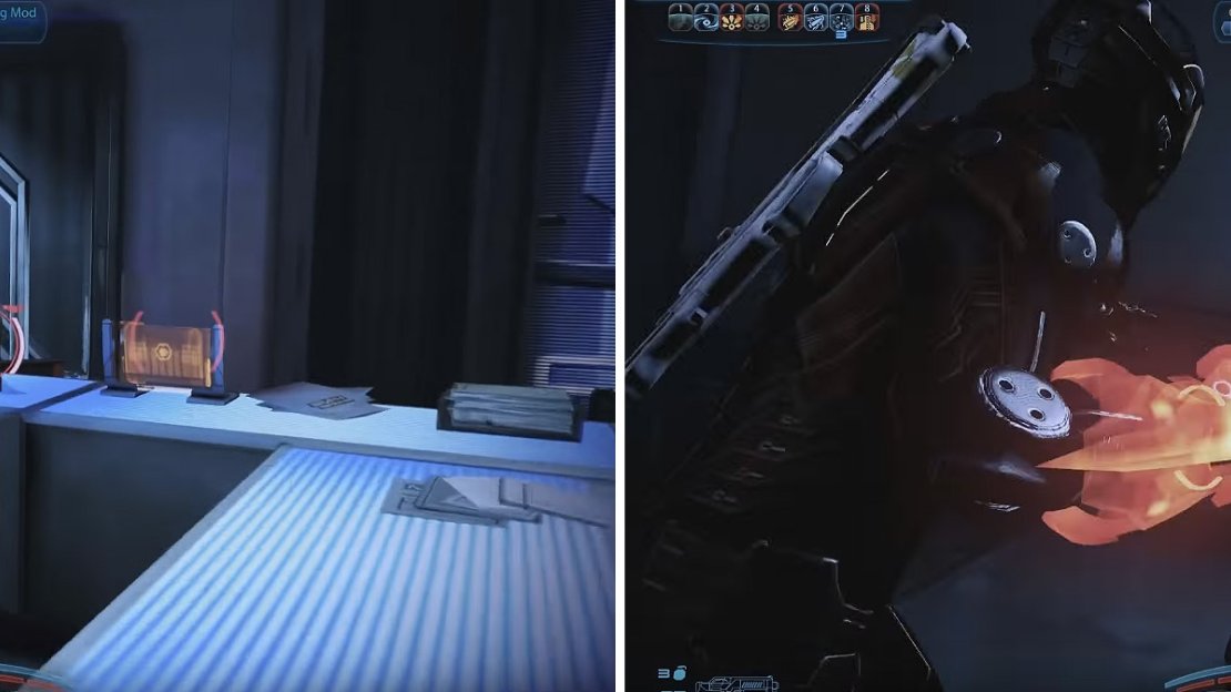 If you look among the rubble, there’s a ton of items to collect (left). Engineers can be punched in the face readily with your Omni-Blade (right).