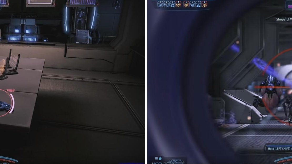 You can find the Locust on a table in the lab (left). Further on, beware of the two Ravagers next to a Reaper Barrier (right). Shoot the barrier first.