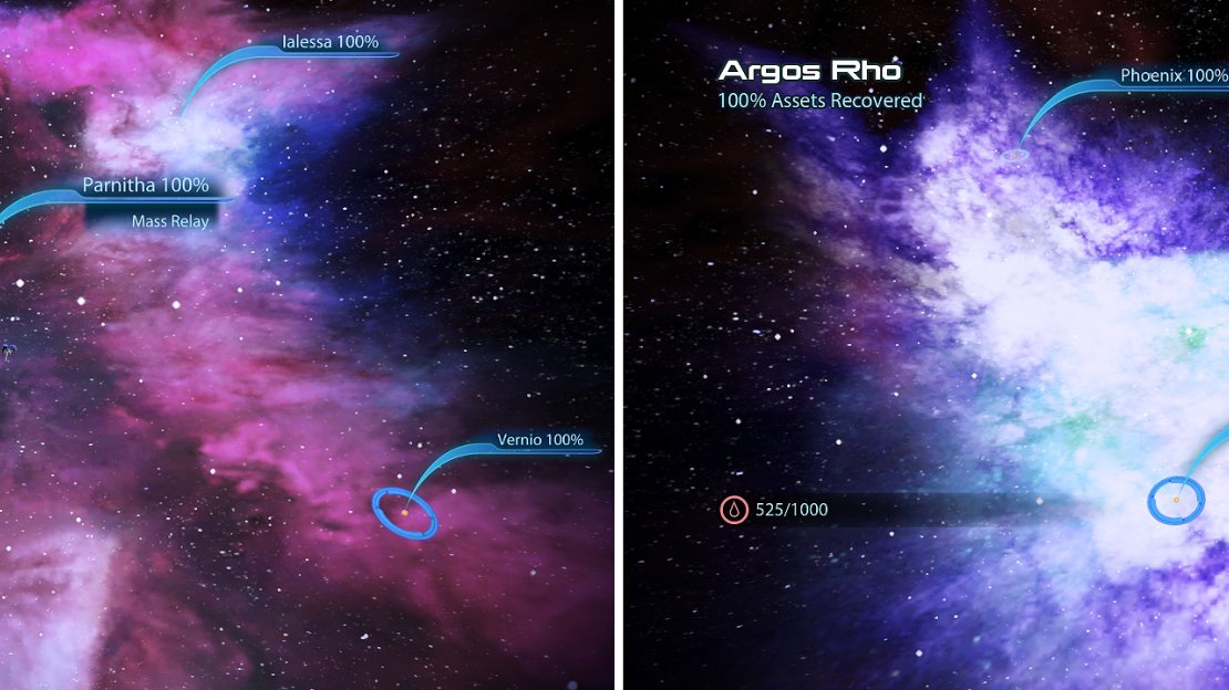 This huge galaxy will take some time to fully explore but it’s worth it for the huge amount of assets and fuel (left). Another colourful galaxy, scour it for artifacts and assets, notably the Kakliosaur Fossil (right).