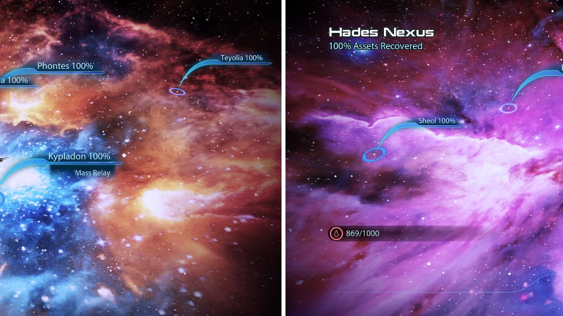 A story side mission, a Citadel side mission and a few other secrets lie in this galaxy (left). There’s another Citadel side mission artifact to discover as well as the usual fuel and War Assets (right).