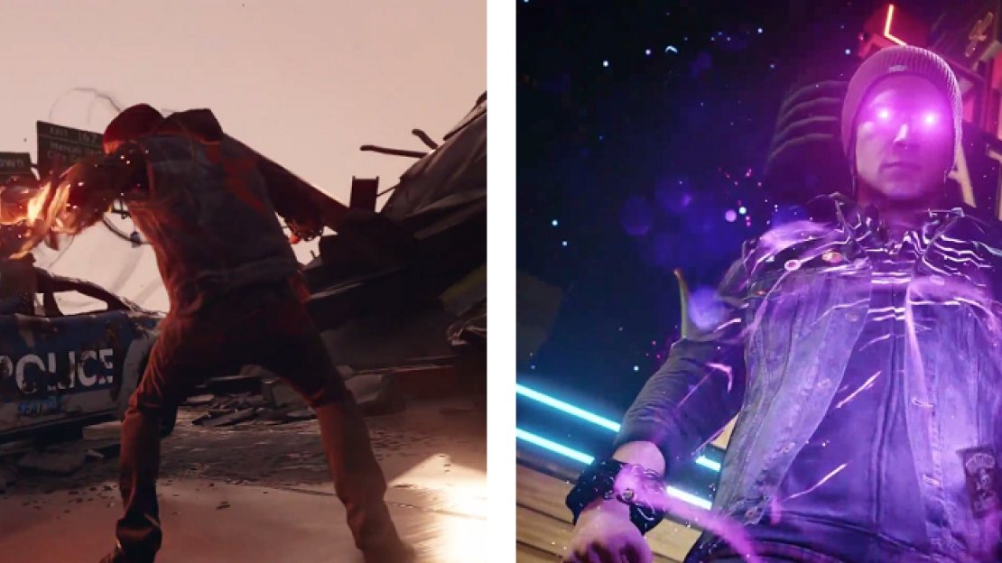 Delsin absorbing smoke from a damaged car (left), and neon from a store sign (right).