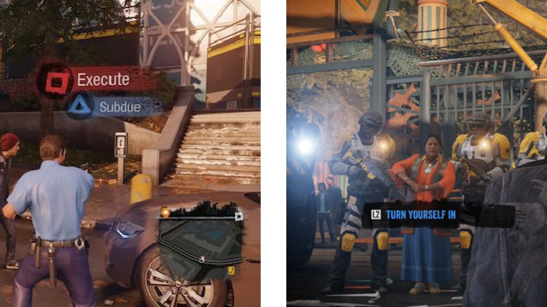 We see Delsin facing a choice in gameplay and the Evil Karma Bomb in the upper left (left), as well as one of the Karma Moments in the story (right).