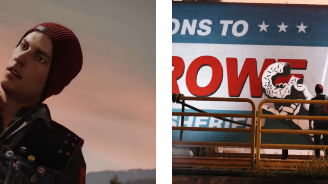 An introduction to Delsin Rowe, the main character (left), and his tagging skills (right).