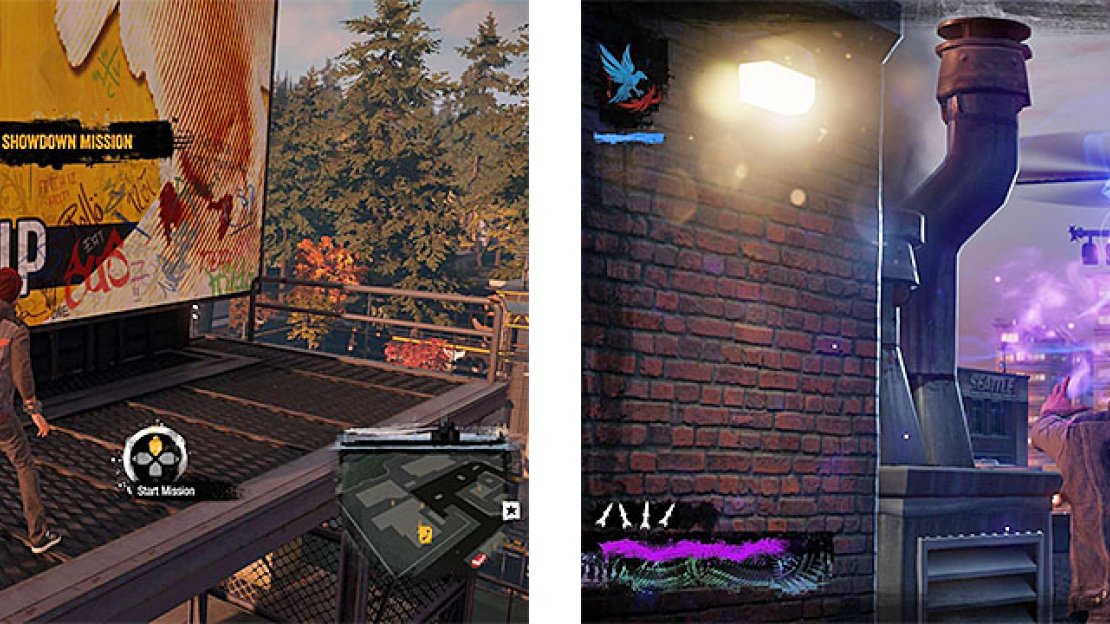 Delsin getting ready to start a District Showdown (left), and fighting a helicopter sent after him during one (right).
