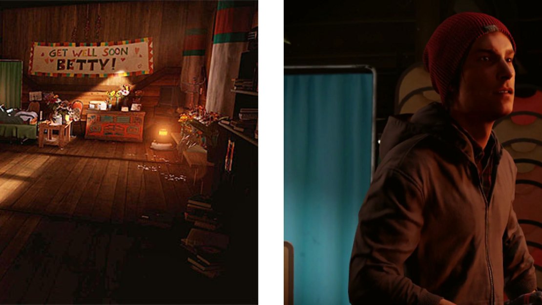Delsin looking at an injured Betty (left), and talking with his brother about what to do next (right).