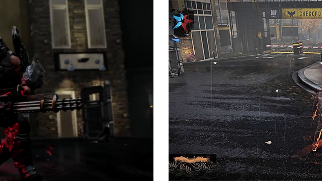 An elite DUP soldier with a minigun appears (left), and shields himself when low on health (right).