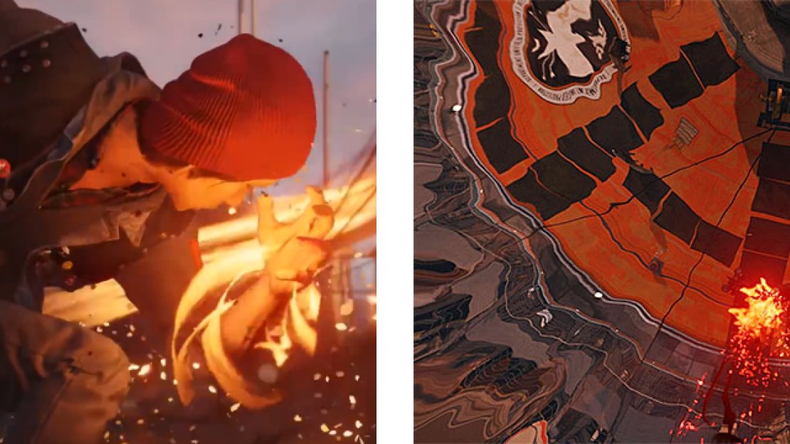 Delsin prepping the Orbital Drop (left) and about to hit the ground to cause some damage (right).