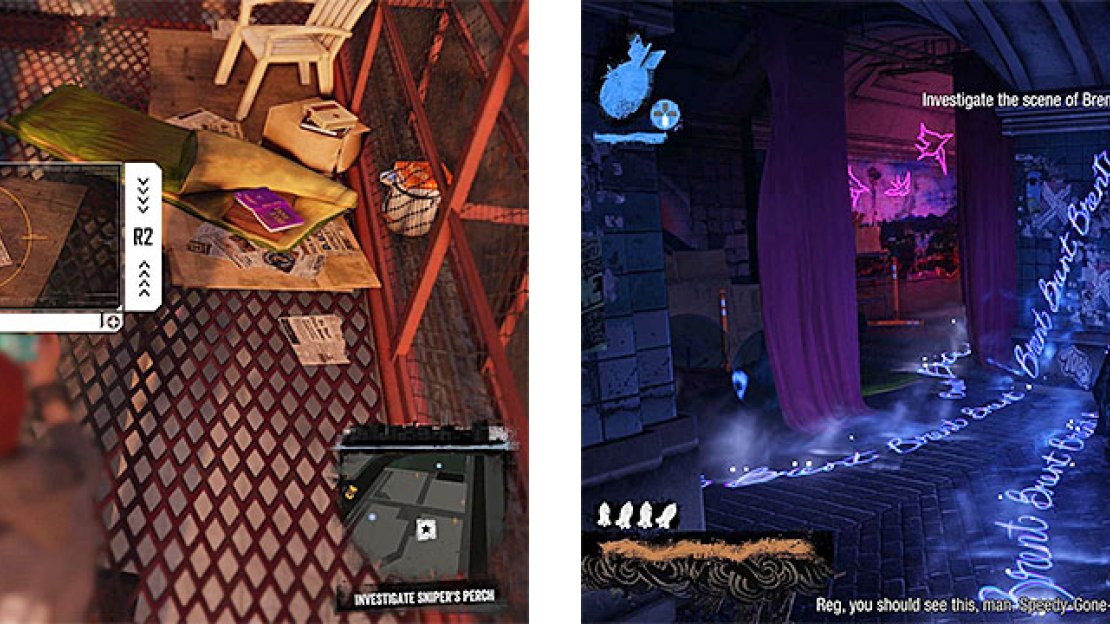 We get a look at the sniper’s nest (left), as well as what looks like a shrine of some sorts (right).