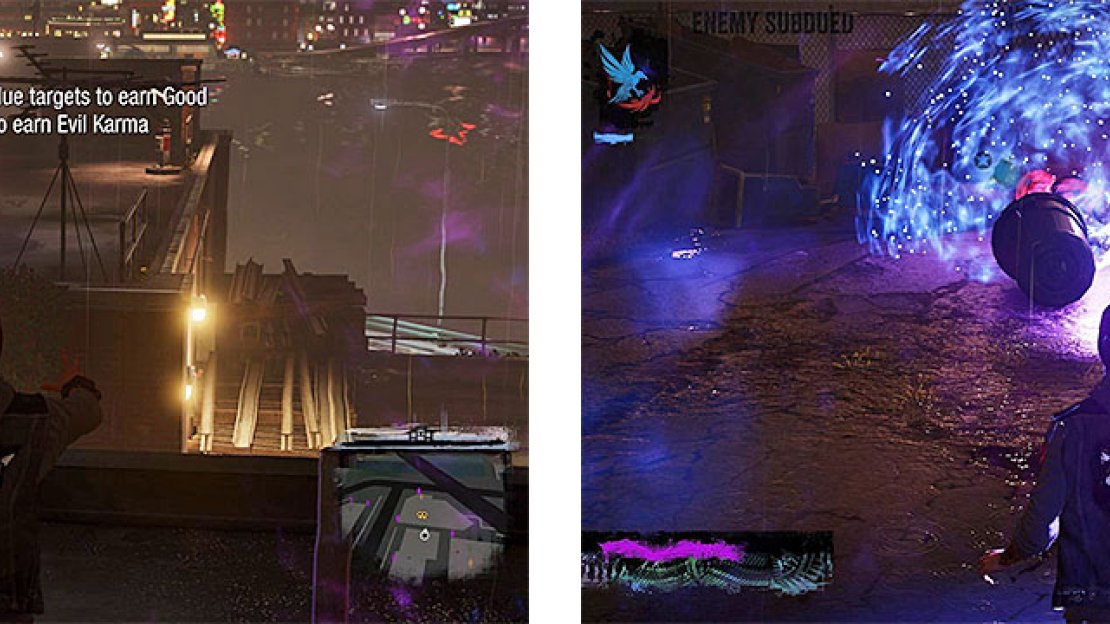 We can see Delsin practicing two new abilities, Laser Insight (left) and Stasis Bubble (right).