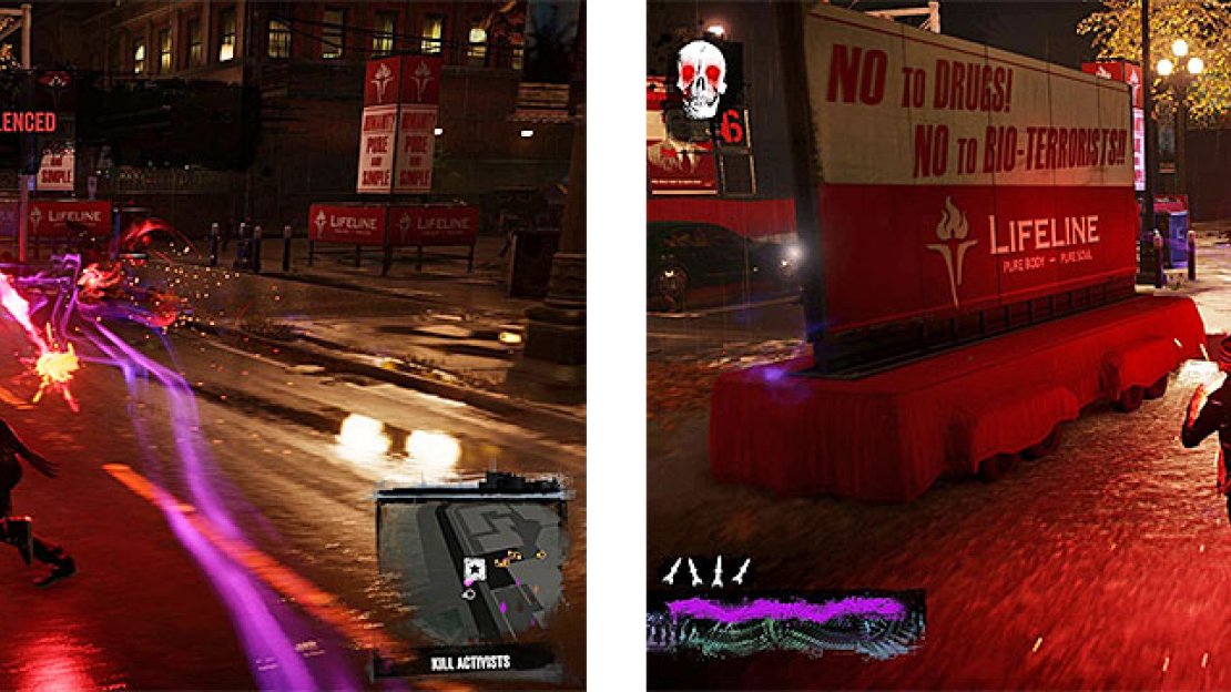 Delsin taking care of the anti-Conduit activists (left), but some DUP agents decide to come rain down on your parade (right).