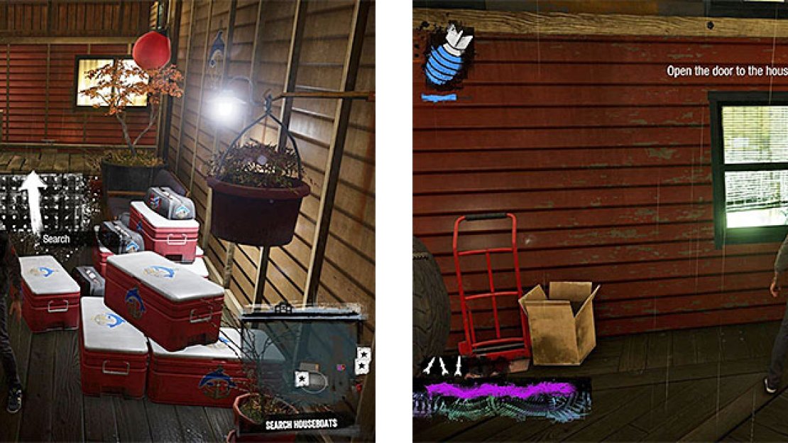 You must destroy three stashes on the boats (left), but on two of them, some people need rescued (right).