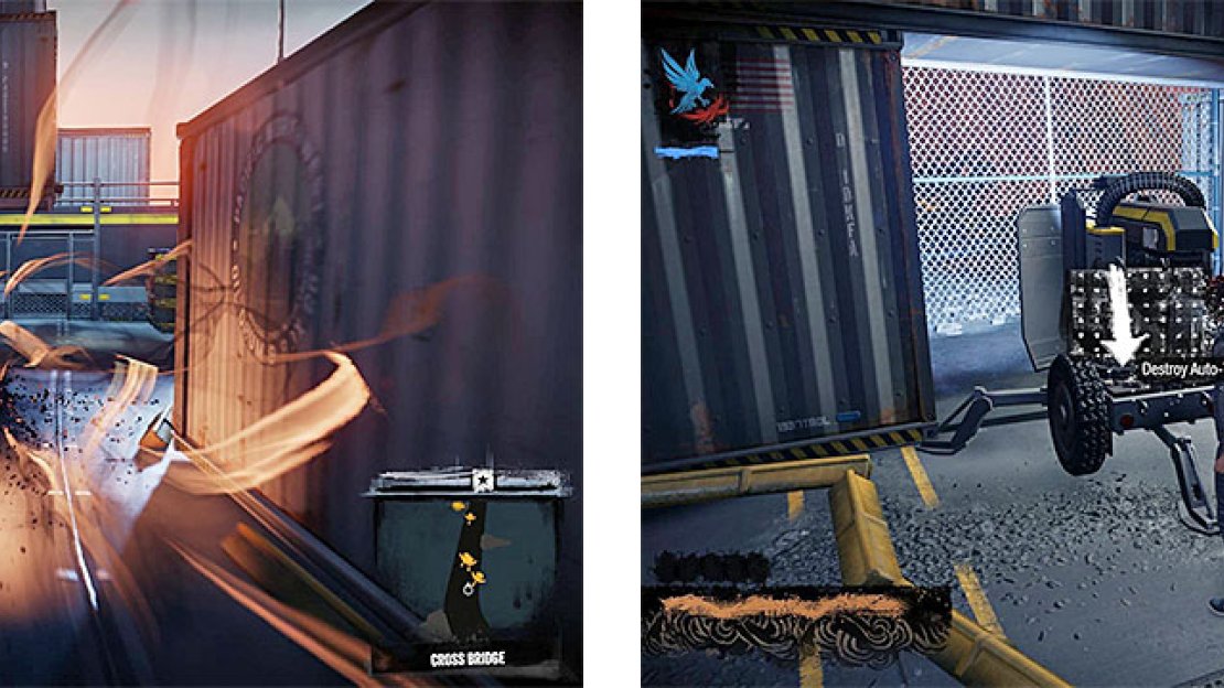 There are a lot of containers on the bridge (left), with a lot of turrets hiding among them (right).